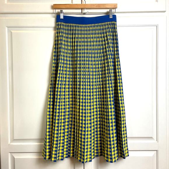 Derek Lam 10 Crosby Knit Pleated Maxi Skirt Sz S/P Blue Yellow Check Pull On EUC - Picture 2 of 9